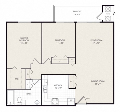 Floor plan for 2 beds, 1 bath, 965 sqft
